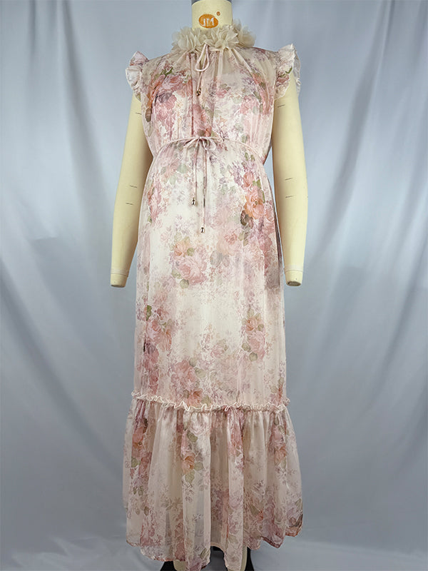 Apricot Floral Ruffle 3D Flowers Tie Flowy Photoshoot Maternity Maxi Dress