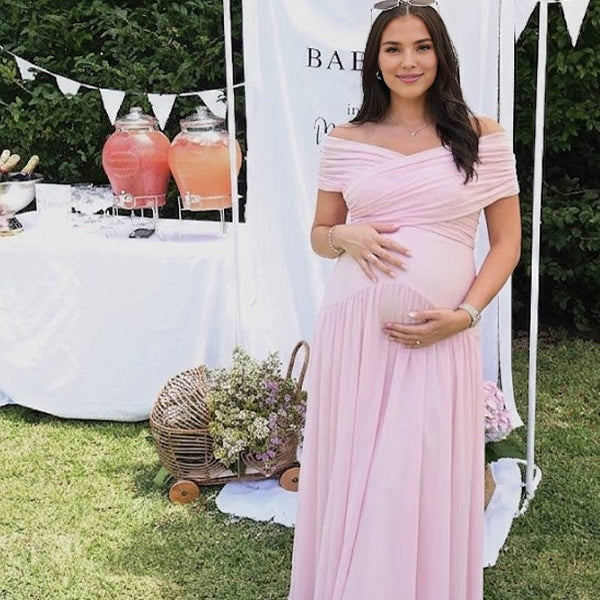 Momsmood Pink Criss-Cross Front Ruched Flowy Maternity Maxi Dress