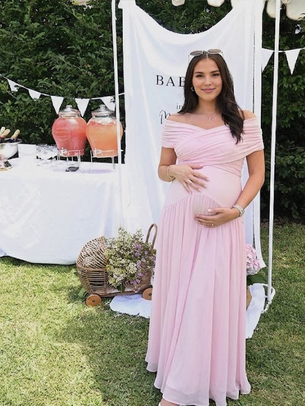 Momsmood Pink Criss-Cross Front Ruched Flowy Maternity Maxi Dress