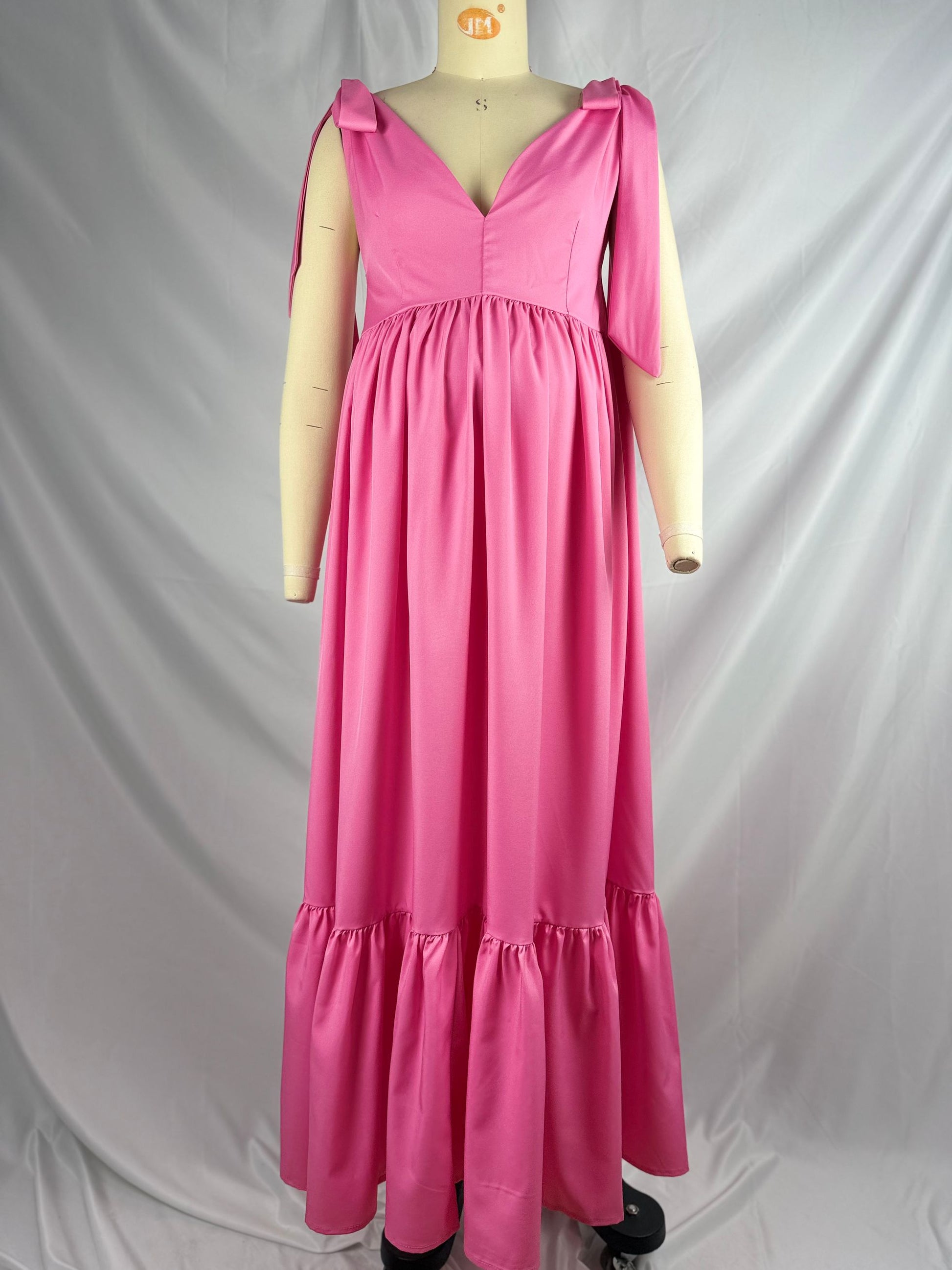 Momsmood Pink V neck Lace-up Open Back  Banquet Party Baby Shower Maternity Photoshoot Maxi Dress