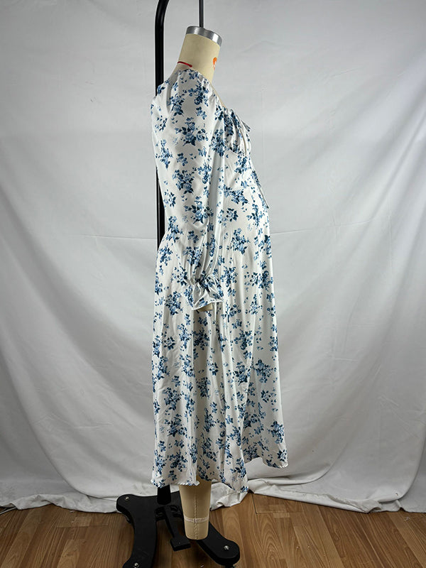 Momsmood White And Blue Flowers Side Slit Cross Lace Up Lantern Sleeve Gendeer Reveal Baby Boy Shower Maternity Maxi Dress