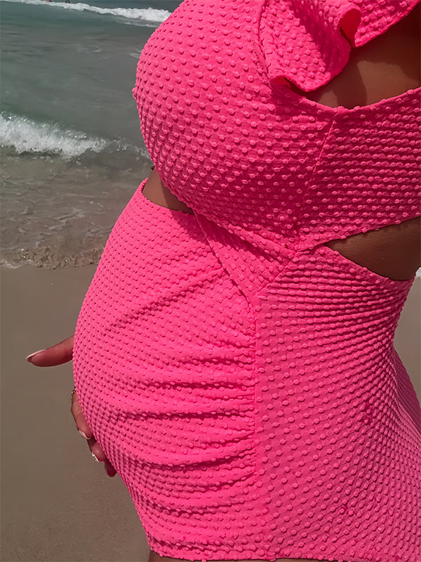 Raspberry Pink Ruffle Backless One-Piece Maternity Swimsuit