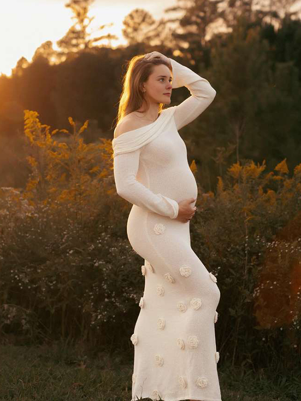 Momsmood White Off Shoulder 3D Flowers Knitting Sweater Photoshoot Maternity Maxi Dress