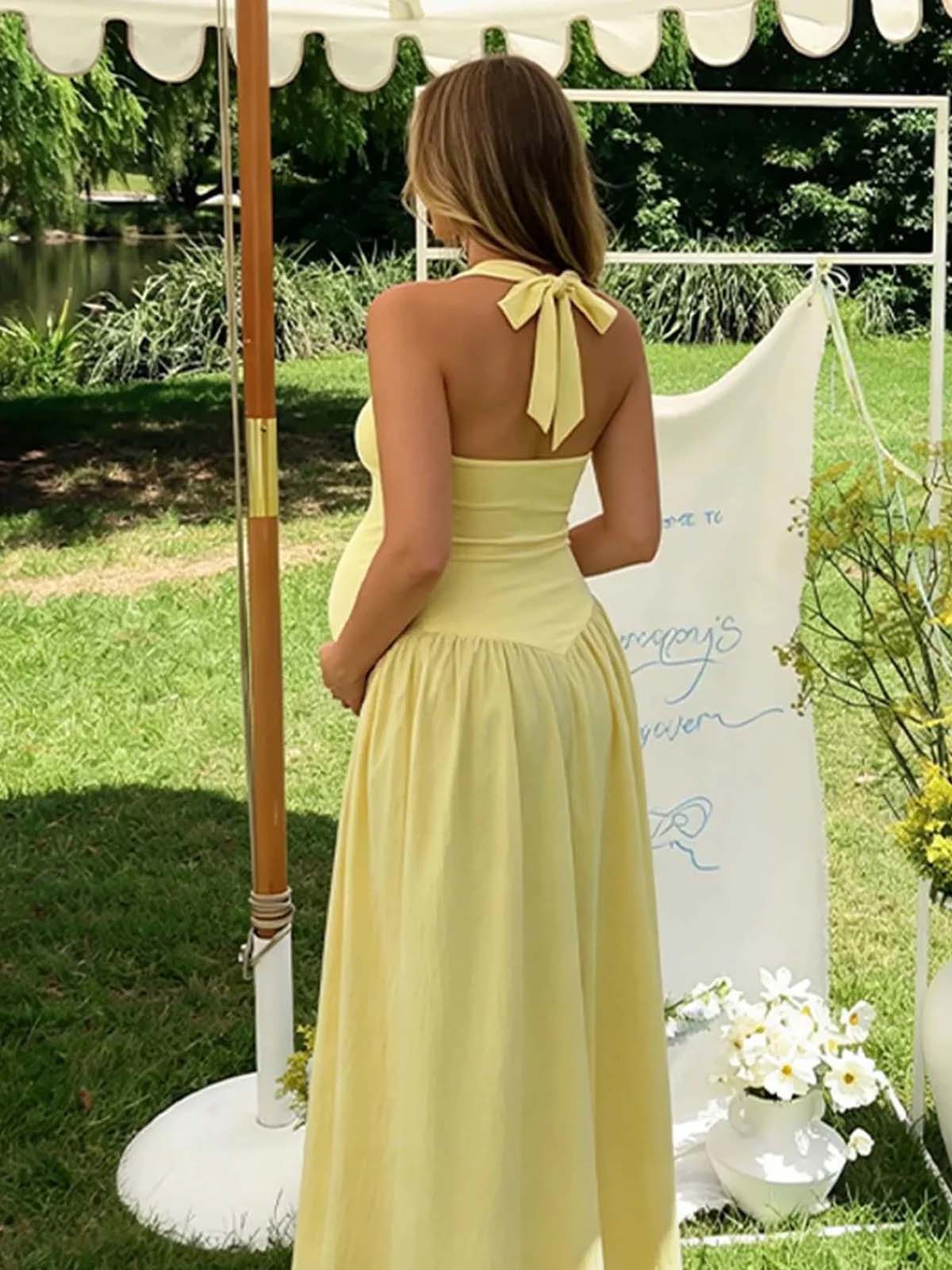 Yellow Halter Neck Backless Lace Up Ruffle Maternity Maxi Dress
