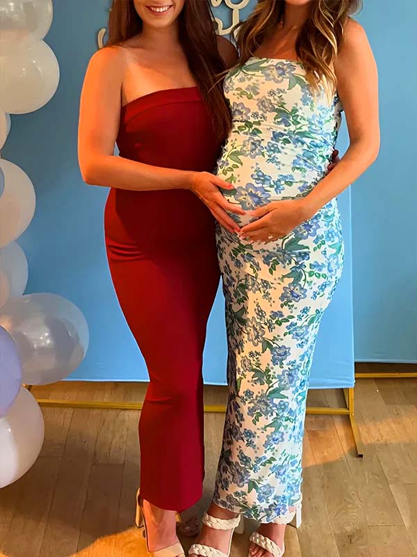 Blue Floral Strapless Bodycon Maternity Maxi Dress