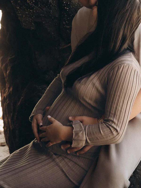 Momsmood Pit Strip Back Belted Round Neck Flare Sleeve Bodycon Photoshoot Baby Shower Maternity Maxi Sweater Dress