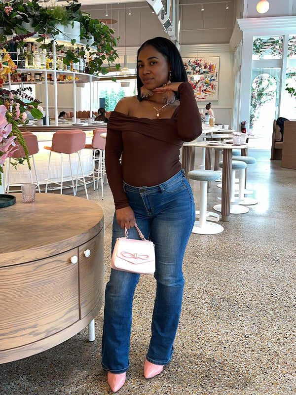 Momsmood Dark Brown Solid Color Oblique Shoulder Ruched Fashion Daily Date Party Maternity Top