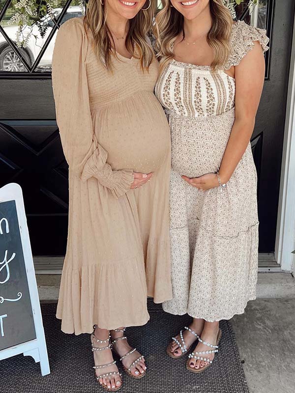 Momsmood Apricot Smocked Flouncy V neck Daily Going out Baby Shower Maternity Photoshoot Midi Dress