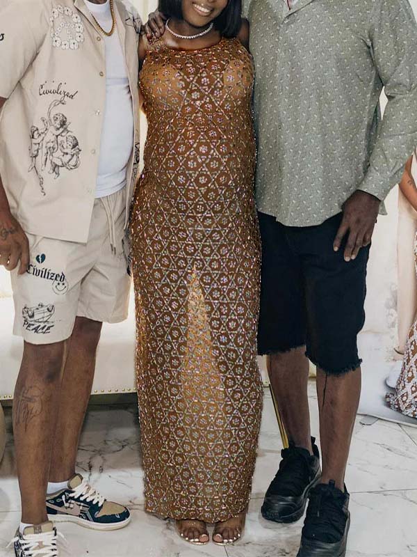 Momsmood Diamond Sparkly Rhinestone Back Slit Mesh Sheer Elegant Photoshoot Baby Shower Maternity Maxi Dress