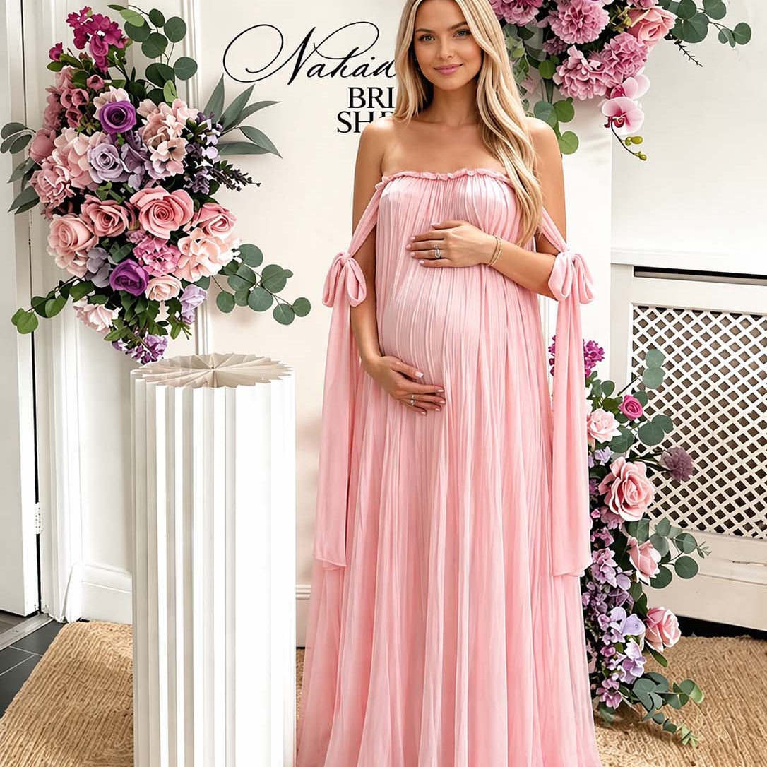 Pink Off Shoulder Lace Up Big Swing Backless Maternity Maxi Dress