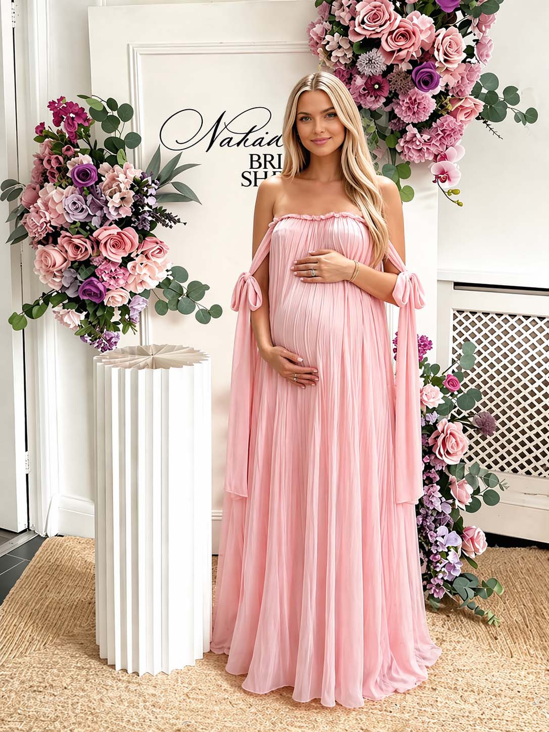 Pink Off Shoulder Lace Up Big Swing Backless Maternity Maxi Dress