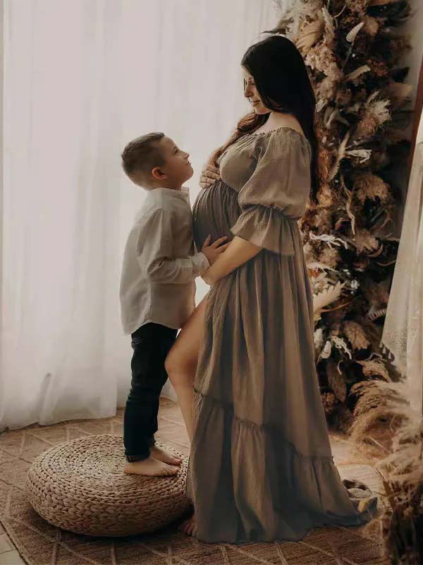 Momsmood Off Shoulder Buttons Front Slit Open Train Elegant Photoshoot Maternity Maxi Dress
