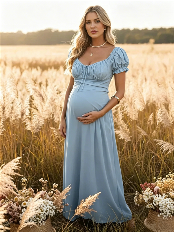 Momsmood Ruffle Ruched Lace-Up Big Swing Boho Maternity Maxi Dress