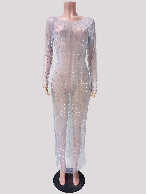 Momsmood Mesh Solid Color Beading Pearl Rhinestone Long Sleeve Cover-ups Side Slit Photoshoot Maternity Maxi Dress