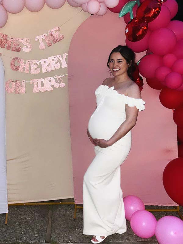 White Off Shoulder Ruffle Tie Bodycon Shower Maternity Maxi Dress
