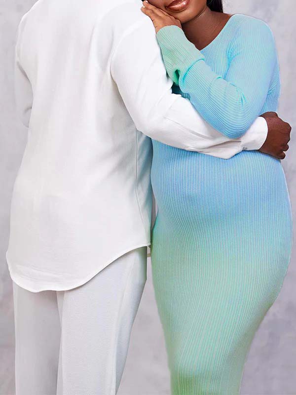 Momsmood Light Blue Hit Color Flare Sleeve Mermaid Elegant Photoshoot Baby Shower Maternity Maxi Sweater Dress