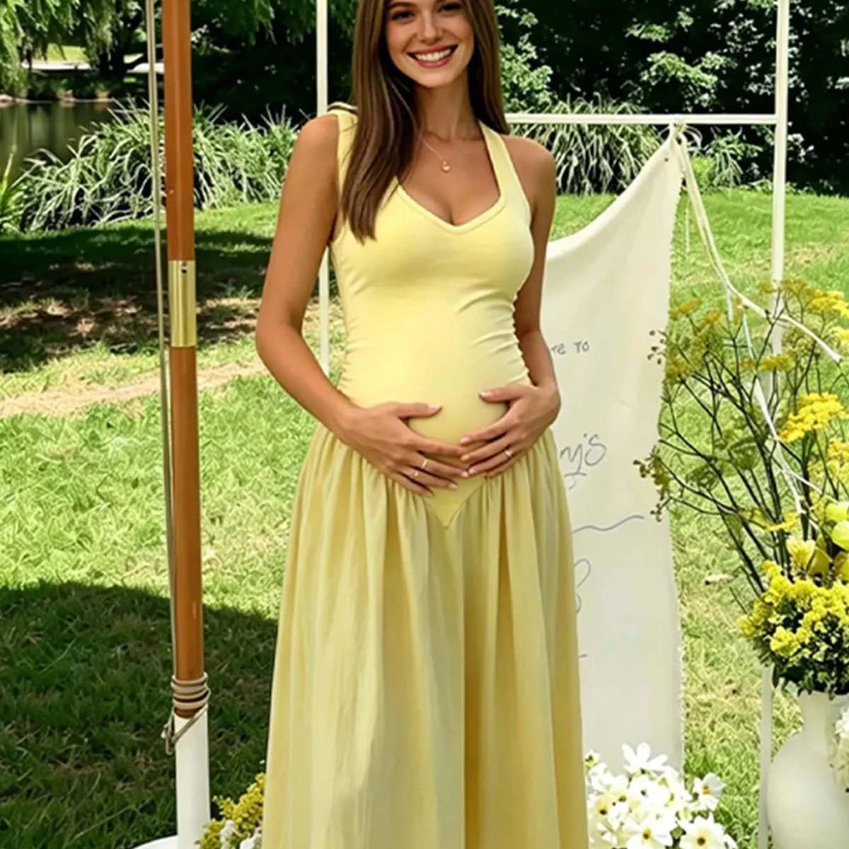 Yellow Halter Neck Backless Lace Up Ruffle Maternity Maxi Dress