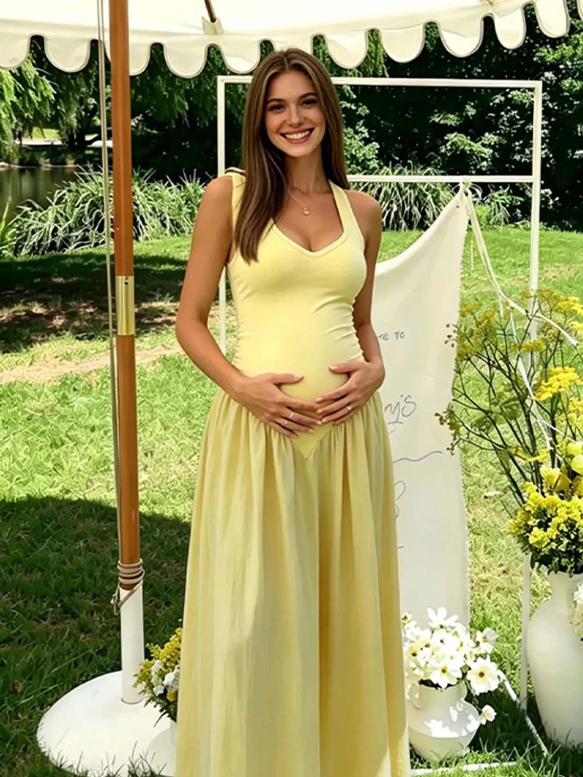 Yellow Halter Neck Backless Lace Up Ruffle Maternity Maxi Dress