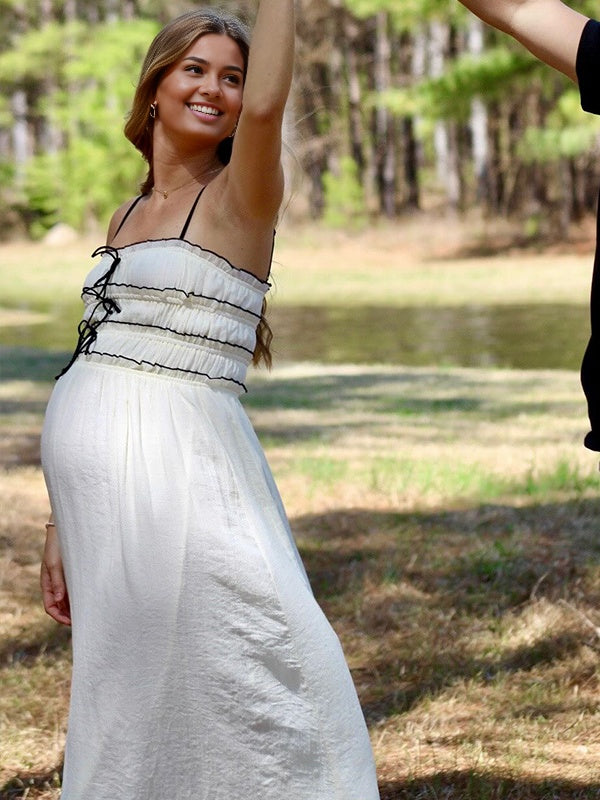 Momsmood  White lace-up Spaghetti Strap Splicing Party Vacation Party Baby Shower Maternity Photoshoot Maxi Dress