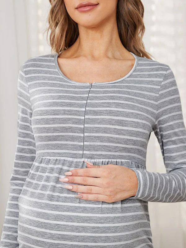 Momsmood Grey Striped Zipper Round Neck Long Sleeve Bodycon Breastfeeding Work Daily Maternity Nursing Mini Dress