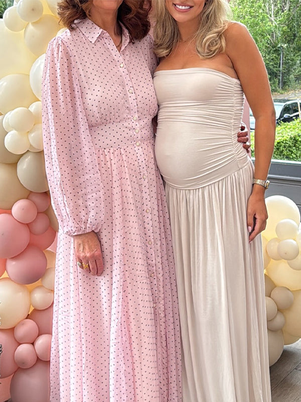 Apricot Bandeau Ruched Flowy Baby Shower Maternity Maxi Dress