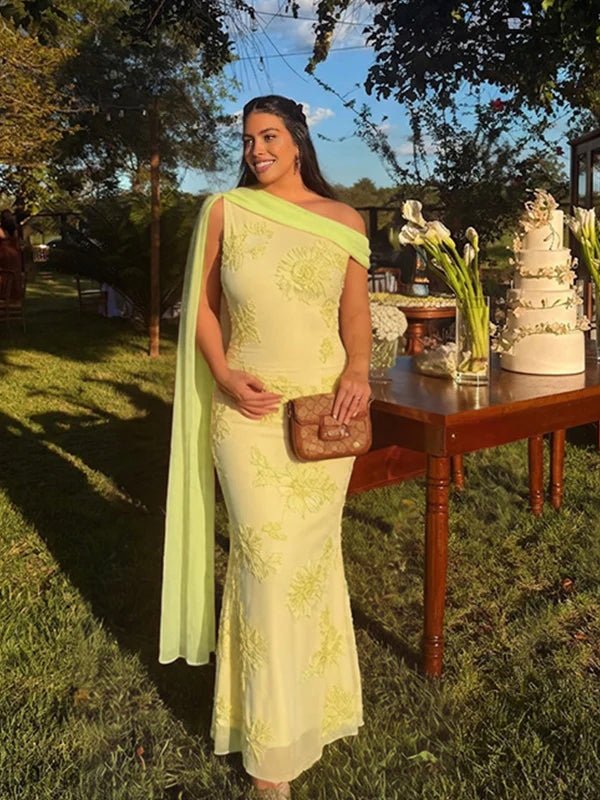 Embroidered One-shoulder Mesh Floral Shoulder Streamer Bodycon Maternity Maxi Dress