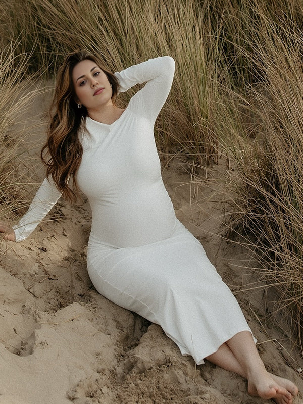 Momsmood Pink Oblique Shoulder Ruched Maternity Photoshoot Maxi Dress