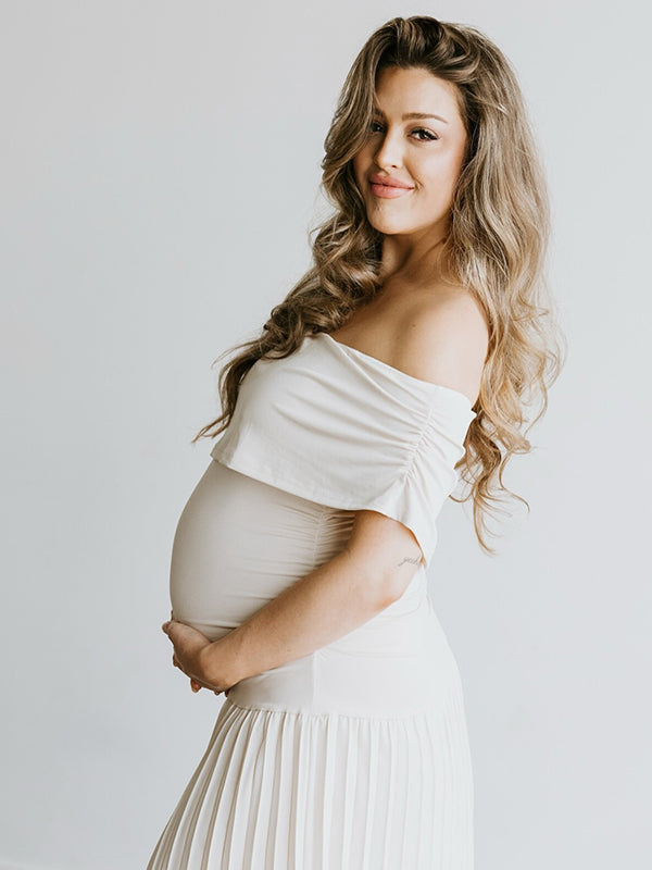 Apricot Off Shoulder Drop Waist Maternity Maxi Dress
