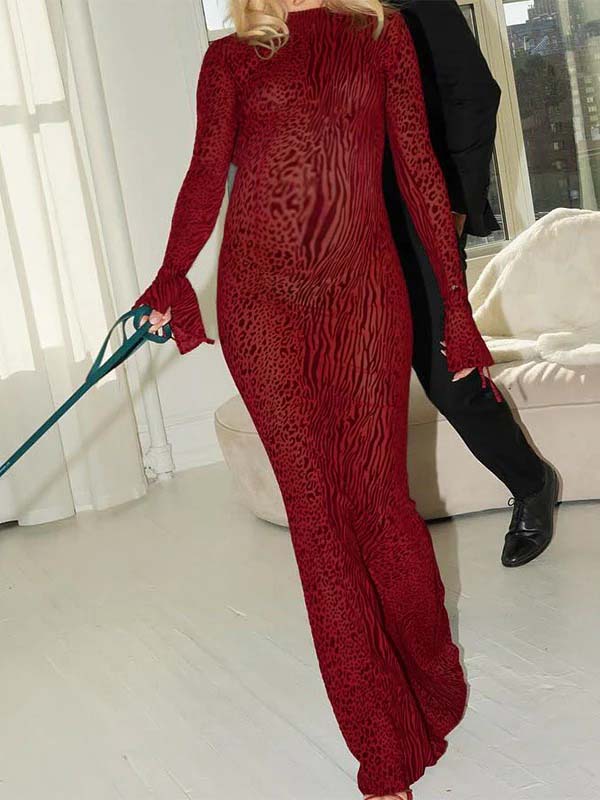 Momsmood Red Leopard Backless Slit Flare Sleeve Sheer Bodycon Party Baby Shower Maternity Maxi Dress