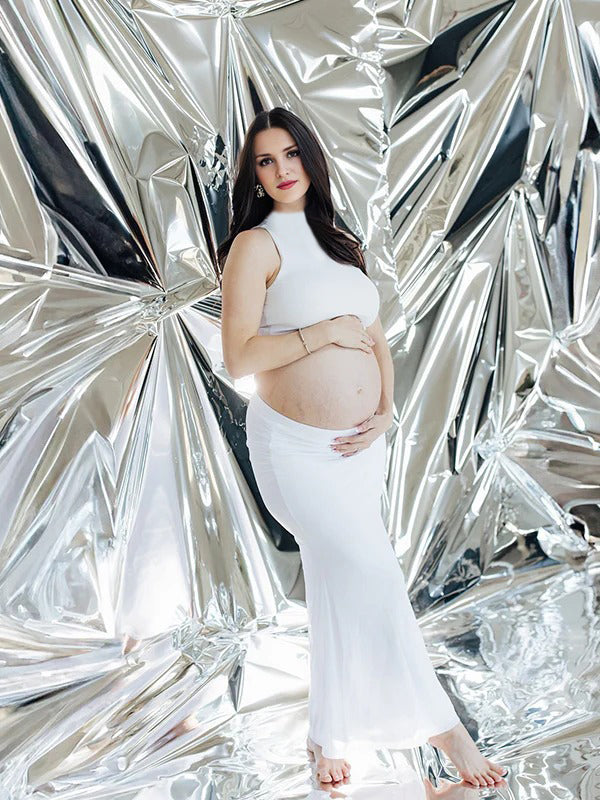White Round Neck Two Piece Maternity Photoshoot Maxi Dress