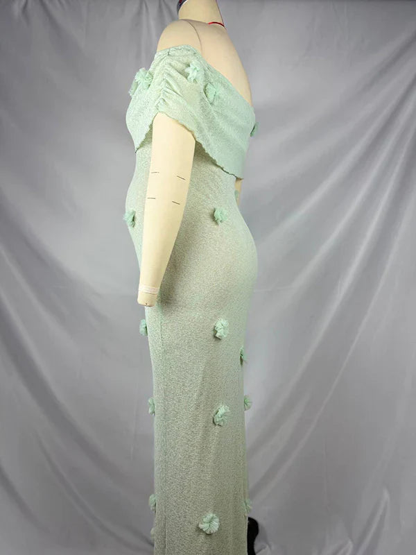 Momsmood Matcha Knit 3D Flowers Off Shoulder Elegant Maternity Maxi Dress