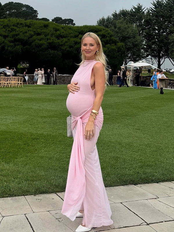 Momsmood Pink Lace-up Pennant Grenadine Banquet Party Baby Shower Maternity Photoshoot Maxi Dress