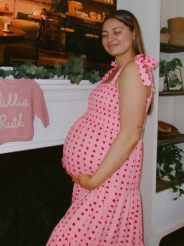 Momsmood Bow Smocked Polka Dot Flowy Gender Reveal Baby Shower Maternity Maxi Dress