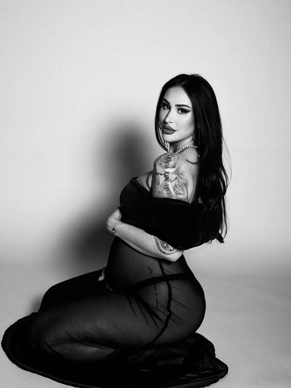 Momsmood Black Off Shoulder Mesh Sheer Bodycon Elegant Photoshoot Gown Maternity Maxi Dress