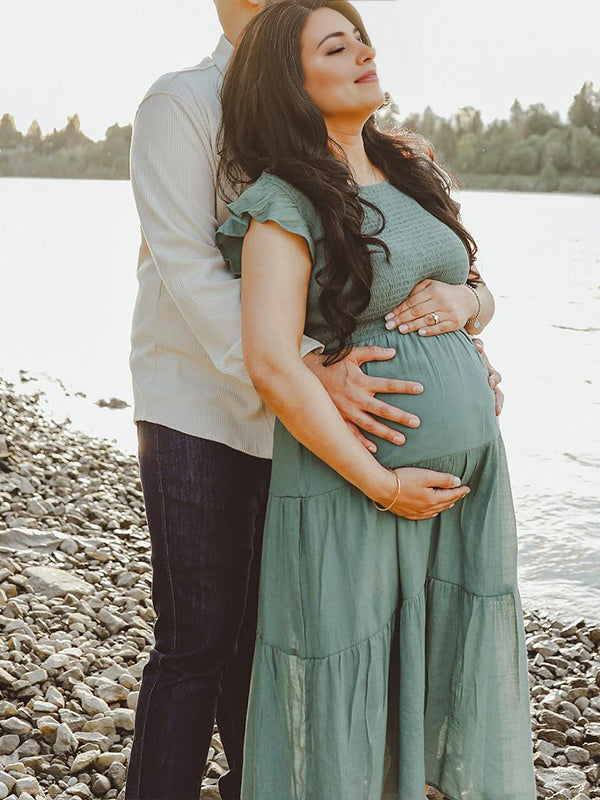 Round Neck Smoked Small Flightless Sleeve Maternity Photoshoot Maxi Dress