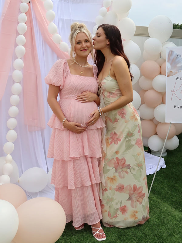 Romantic Tiered Ruffle Square Neck Puff Sleeve Maternity Maxi Dress