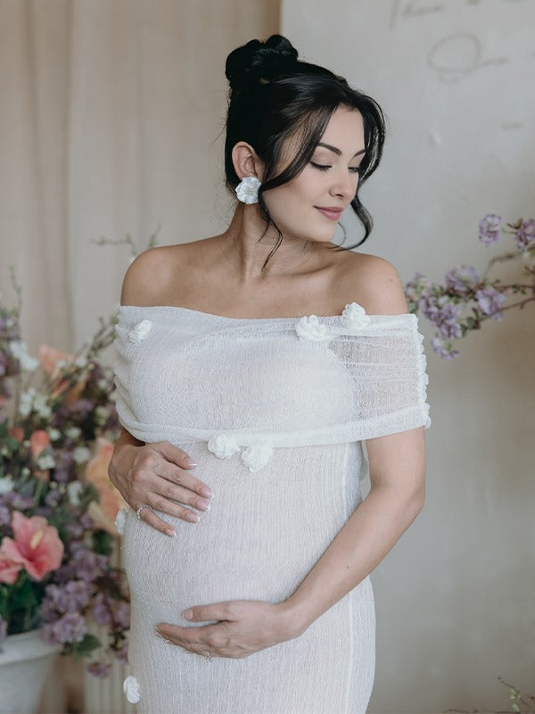 Momsmood White Off Shoulder 3D Flowers Grenadine Sheer Bodycon Elegant Beach Photoshoot Baby Shower Maternity Maxi Dress