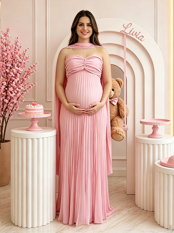 Strapless Ruched Belted Lace-Up Back Sleeveless Maternity Maxi Dress