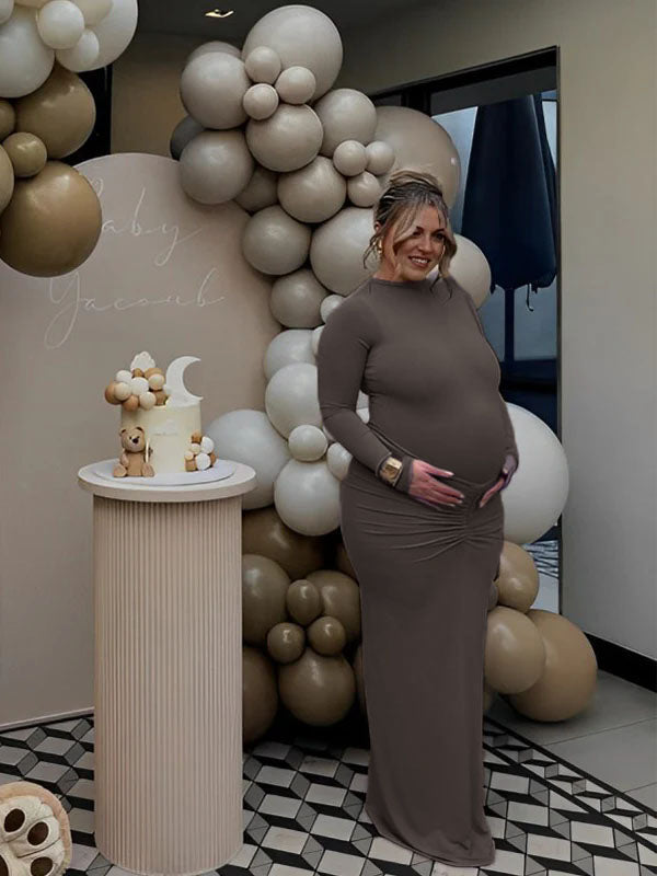 Momsmood Solid Color Ruched High Neck Long Sleeve Bodycon Basic Going Out Elegant Maternity Baby Shower Maxi Dress