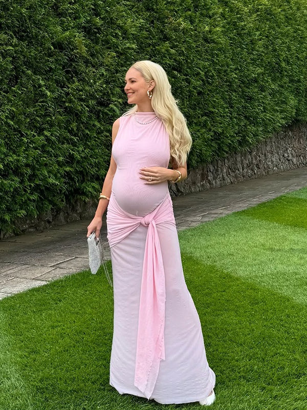 Momsmood Pink Lace-up Pennant Grenadine Banquet Party Baby Shower Maternity Photoshoot Maxi Dress