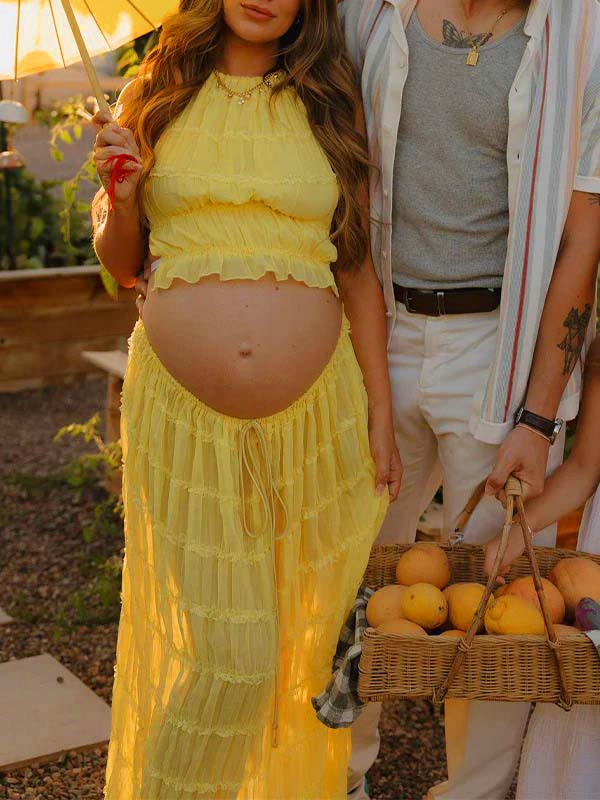 Yellow 2 Pieces Ruched Backless Ruffle Tie Photoshoot Maternity Maxi Dress