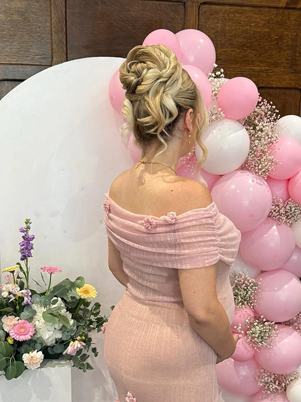 Momsmood Grenadine Off Shoulder 3D Flowers Bodycon Elegant Photoshoot Baby Shower Maternity Maxi Dress