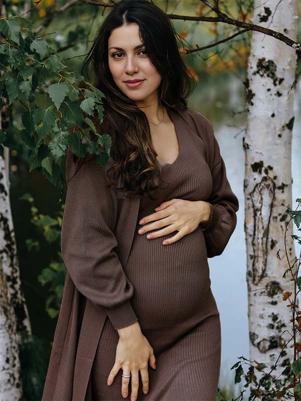 Momsmood Dark Brown 2 Pieces Knit Baby Shower Maternity Maxi Sweater Dress
