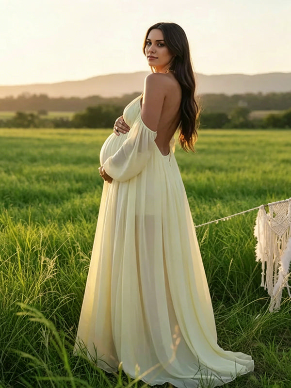 Yellow Mesh Off Shoulder Backless Boho Flowy Maternity Maxi Dress