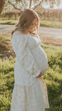 Momsmood Apricot Daisy Print Smocked Off Shoulder Ruffle Big Swing Elegant Vacation Maternity Photoshoot Baby Shower Party Maxi Dress