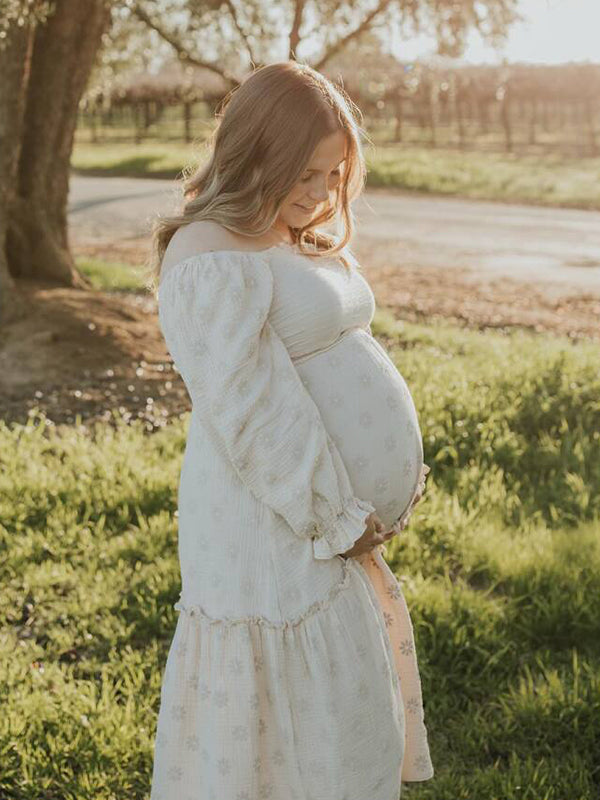 Momsmood Apricot Daisy Print Smocked Off Shoulder Ruffle Big Swing Elegant Vacation Maternity Photoshoot Baby Shower Party Maxi Dress