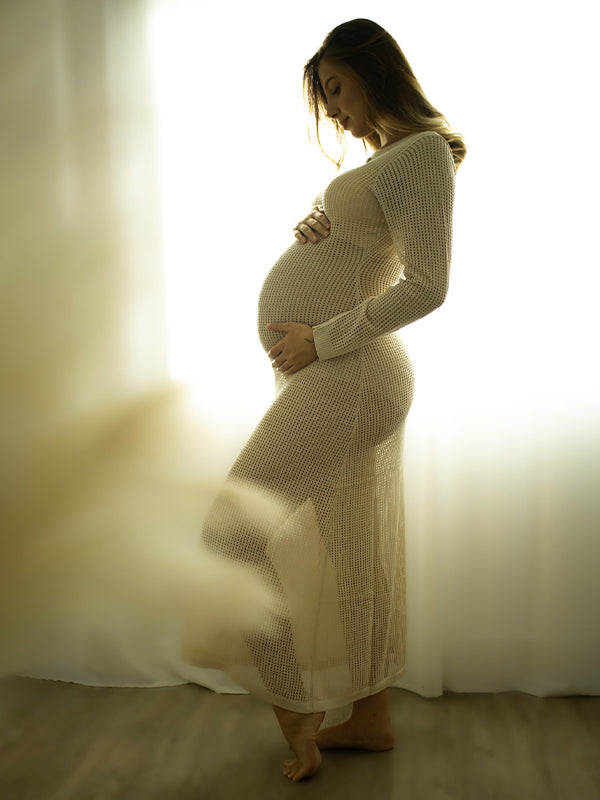 Momsmood Beige Back Tie Knit Cut Out Flare Sleeve Elegant Photoshoot Baby Shower Maternity Maxi Dress