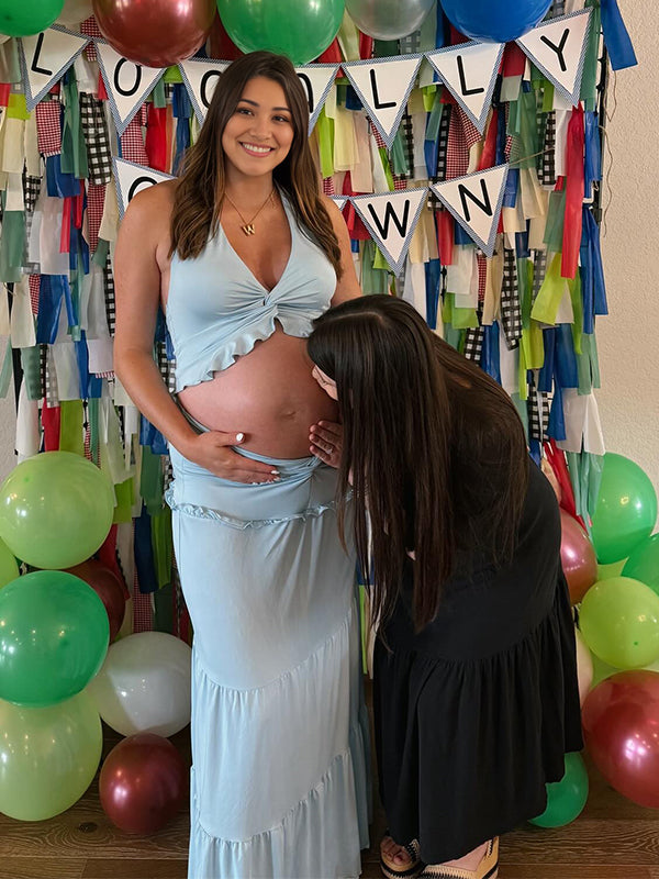 Blue 2-in-1 Ruffle Twist Backless Baby Shower Maternity Maxi Dress