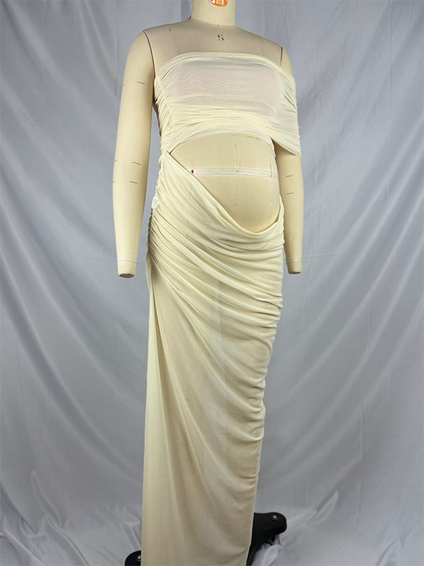 Momsmood 2-in-1 One Shoulder Side Slit Grenadine Sheer Photoshoot Maternity Maxi Dress