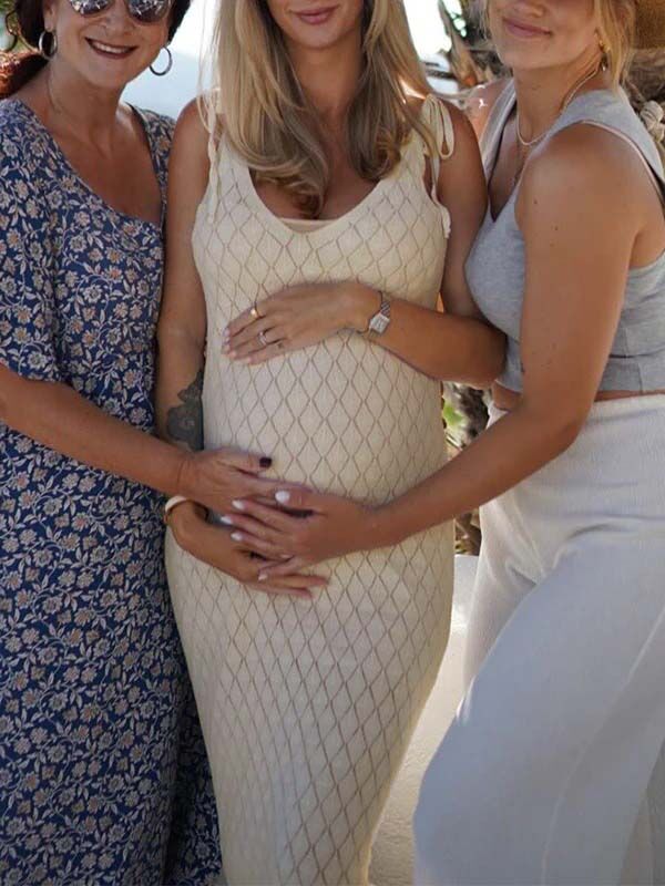 Beige Tie Cut Out Knit Vacation Photoshoot Maternity Maxi Dress
